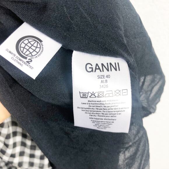 Ganni Gingham Mesh Wrap Mini Dress Size 40 Ruffle Stretch Black White Check - Picture 6 of 13